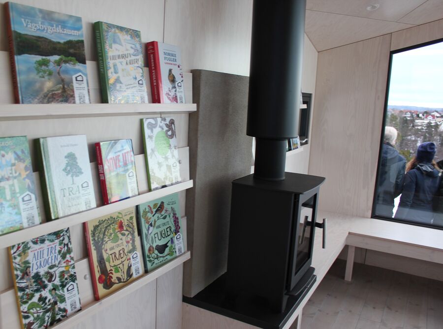 Bøker oppstilt i hytte