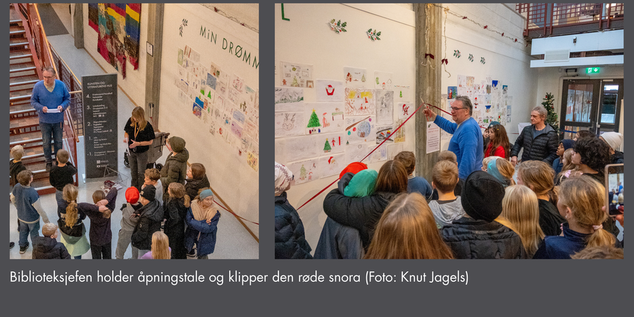 Biblioteksjefen holder åpningstale og klipper den røde snora.