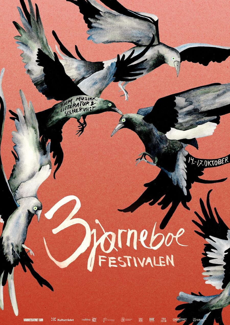 Plakat for Bjørneboefestivalen som viser noen måker, skjærer og kråker som slåss i luften