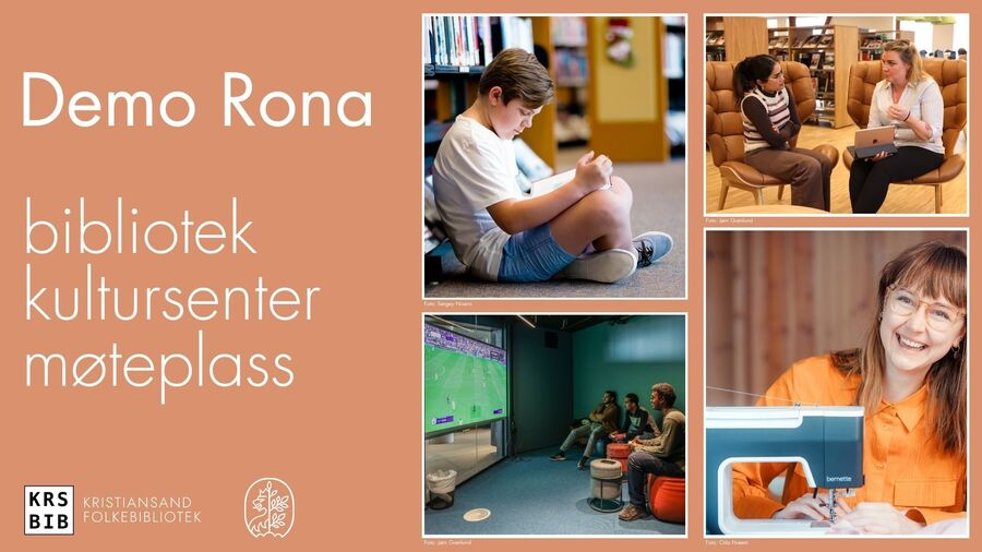 Collage: gutt leser bok, ungdommer spiller FIFA på lerret, dame bak symaskin, to kvinner i samtale på et bibliotek