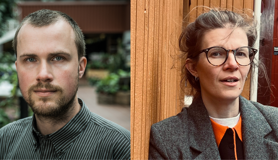 Erlend Wichne og Maja Hagen Torjussen vil samtale om muligheter og utfordringer ved oversettelser. (Fotomontasje: David Konecny/Mari Haaland Andersen) Portrettfoto av ung mann og dame