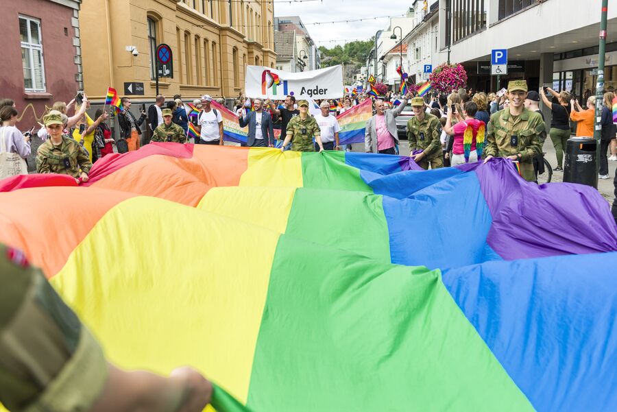 Mennesker i handlegate som holder et stort regnbueflagg mellom seg