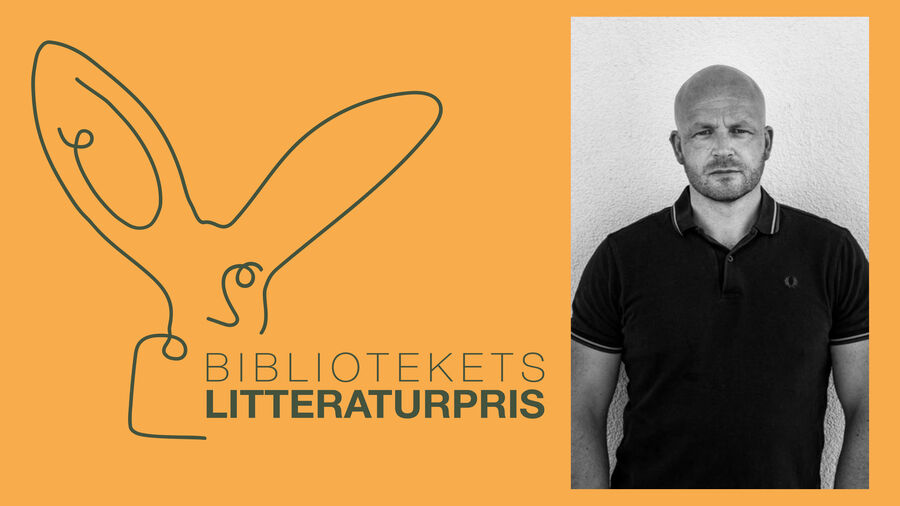 Kyrre Andreassen er vinner av Bibliotekets litteraturpris 2025! (Fotomontasje: Bibliotekets litteraturpris) Plakat med fotografi av mann